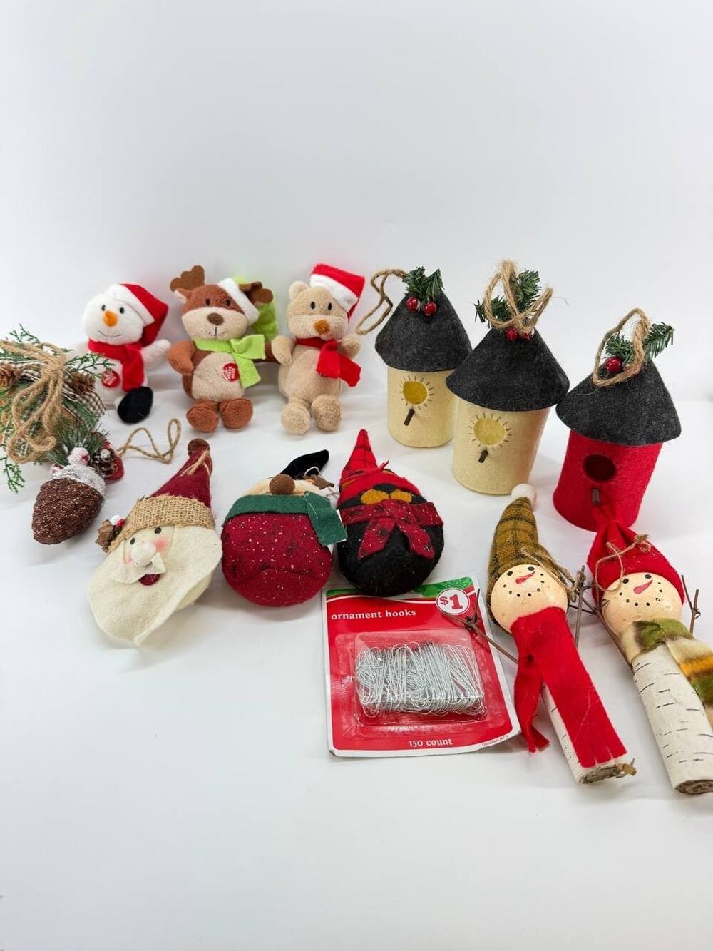 Vintage Christmas Decor Lot Snowmen Santas Plush Birdhouses Ornaments Holiday